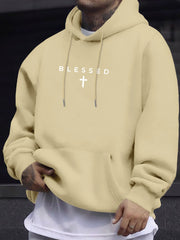 Men's Hoodie, Religious "Blessed" Cross Print, Soft Stretch Polyester, White BLESSED Lettering & Symbol, Casual Hooded Sweater for Church Events, Machine Washable, Green