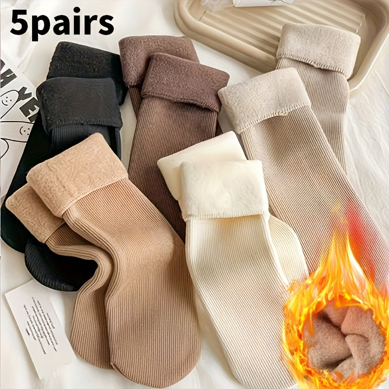 5 Pairs Unisex Fleece-Lined Thermal Winter Socks - Soft Warm Elastic Floor Socks for Sleep, Yoga & Indoor Activities, Cozy Plush Ankle Socks in Neutral Earth Tones (Black/Brown/Beige/White/), Fluffy Socks, Sleepwear Socks, Plush Texture, Comfortable Wear
