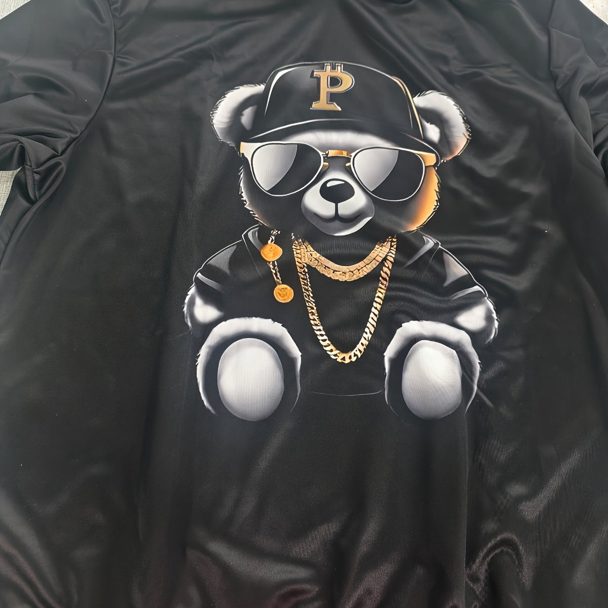 Men's 3D Digital Print Hooded Sweatshirt - Black Bear Logo & Chains Streetwear Jacket, Stretch Fabric Full-Zip Hoodie, Machine Washable Winter Warm Pullover for Hip-Hop Casual Outfits (Iconic Teddy Bear Graphic)