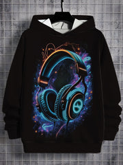 Men'S 3D Neon Glow-in-the-Dark Headphones Graphic Hooded Sweatshirt - Neon & Pink Digital Print Pullover, Casual Streetwear with Kangaroo Pocket, Machine Washable Warmth for Spring/Fall/Winter, Sweater Hoodie