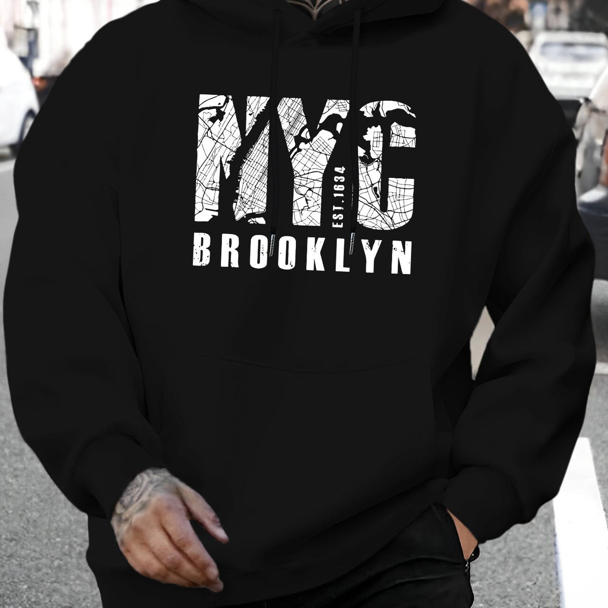 New York Brooklyn Print Men's Fashion Hoodie - Casual Pullover with Drawstring Hood, Fall/Winter, Knit Fabric, Regular Fit, 100% Polyester, Long Sleeve Hooded Sweatshirt with Slight Stretch